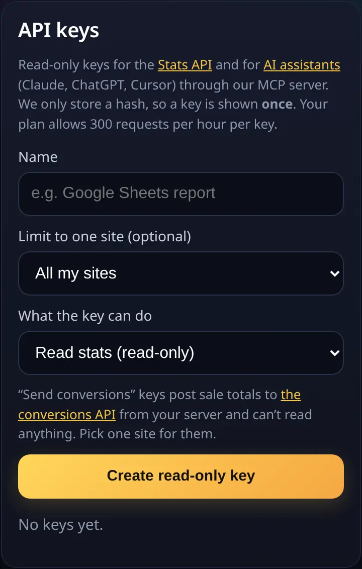 API keys section in Settings