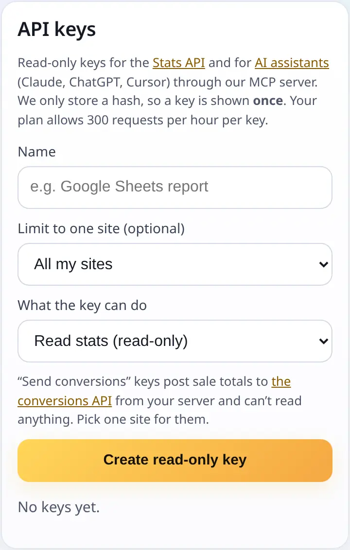 API keys section in Settings