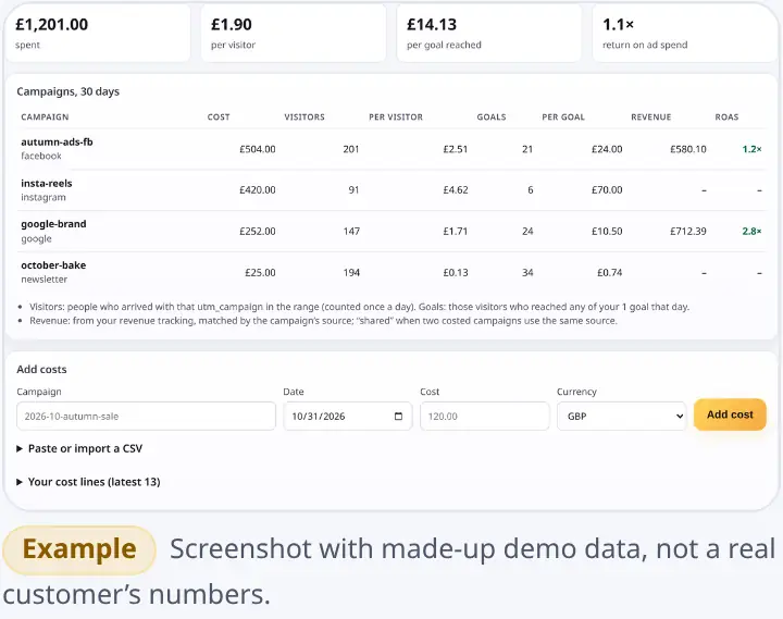 Campaign cost and return: total spend, cost per visitor, cost per goal and ROAS, with a row per campaign