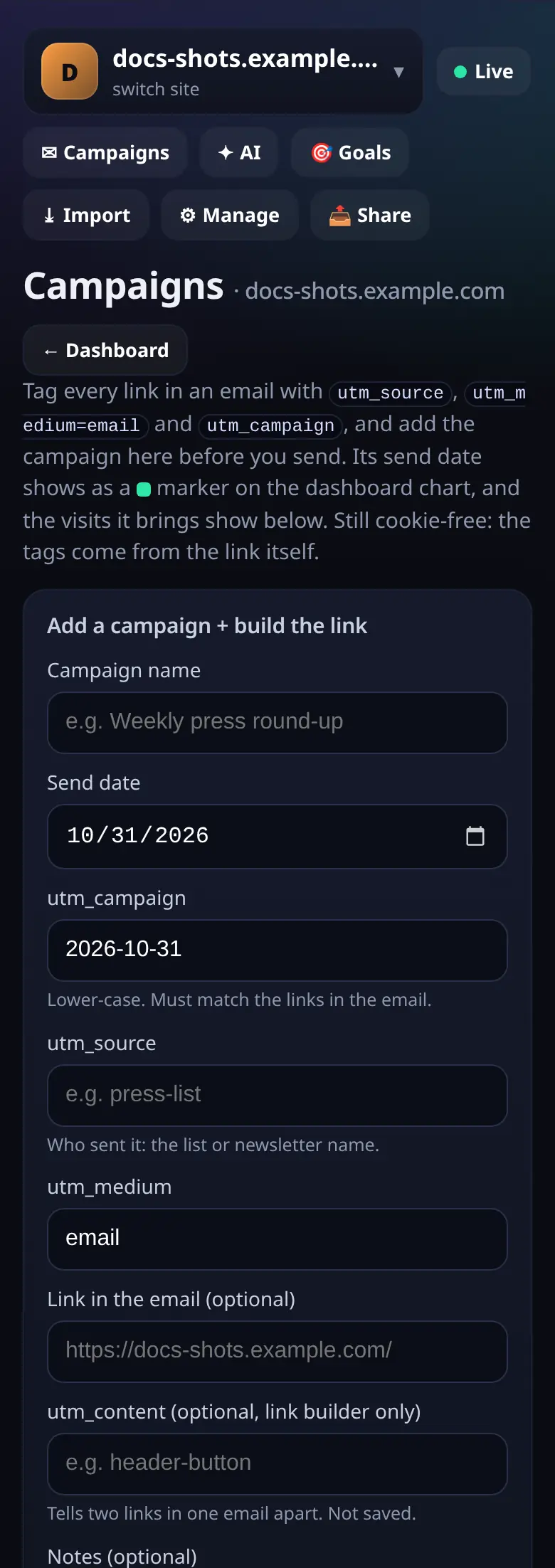 Email campaigns page with a tagged-link builder