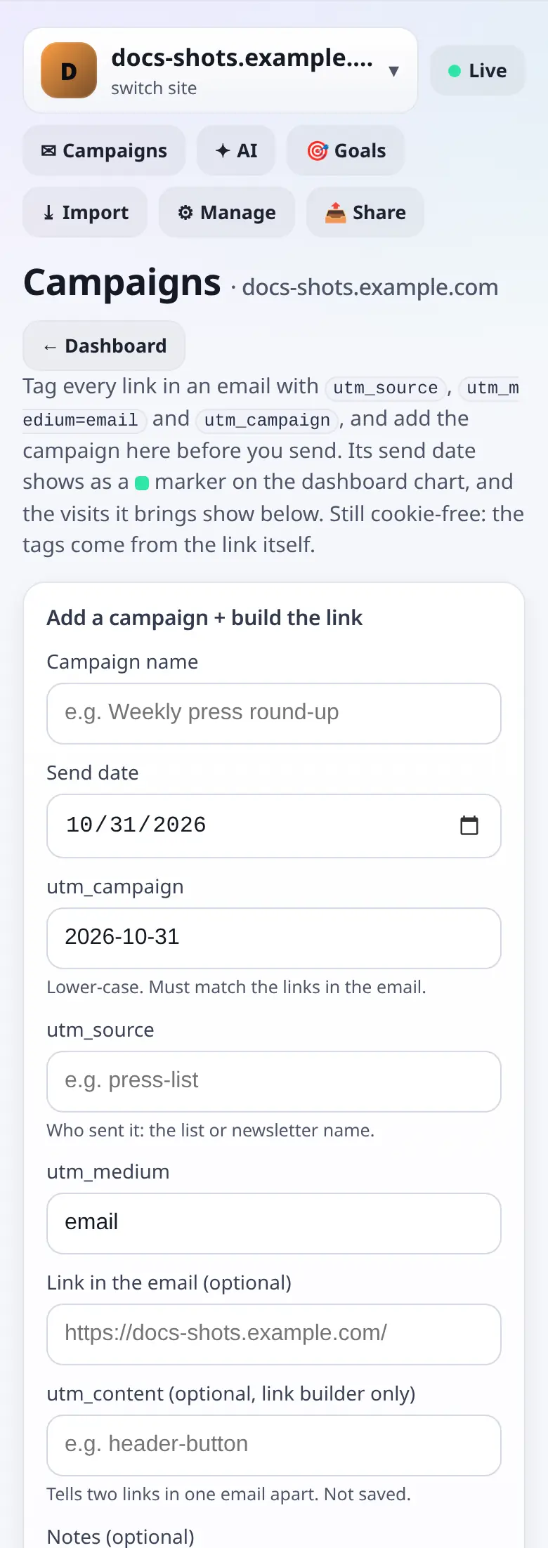 Email campaigns page with a tagged-link builder