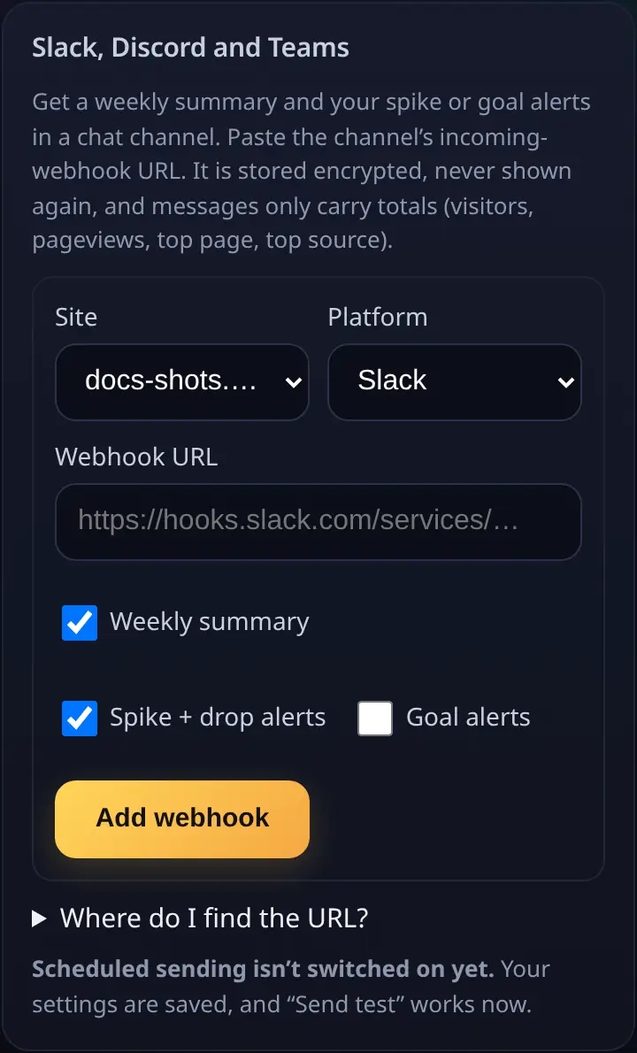 Slack, Discord and Teams webhook settings