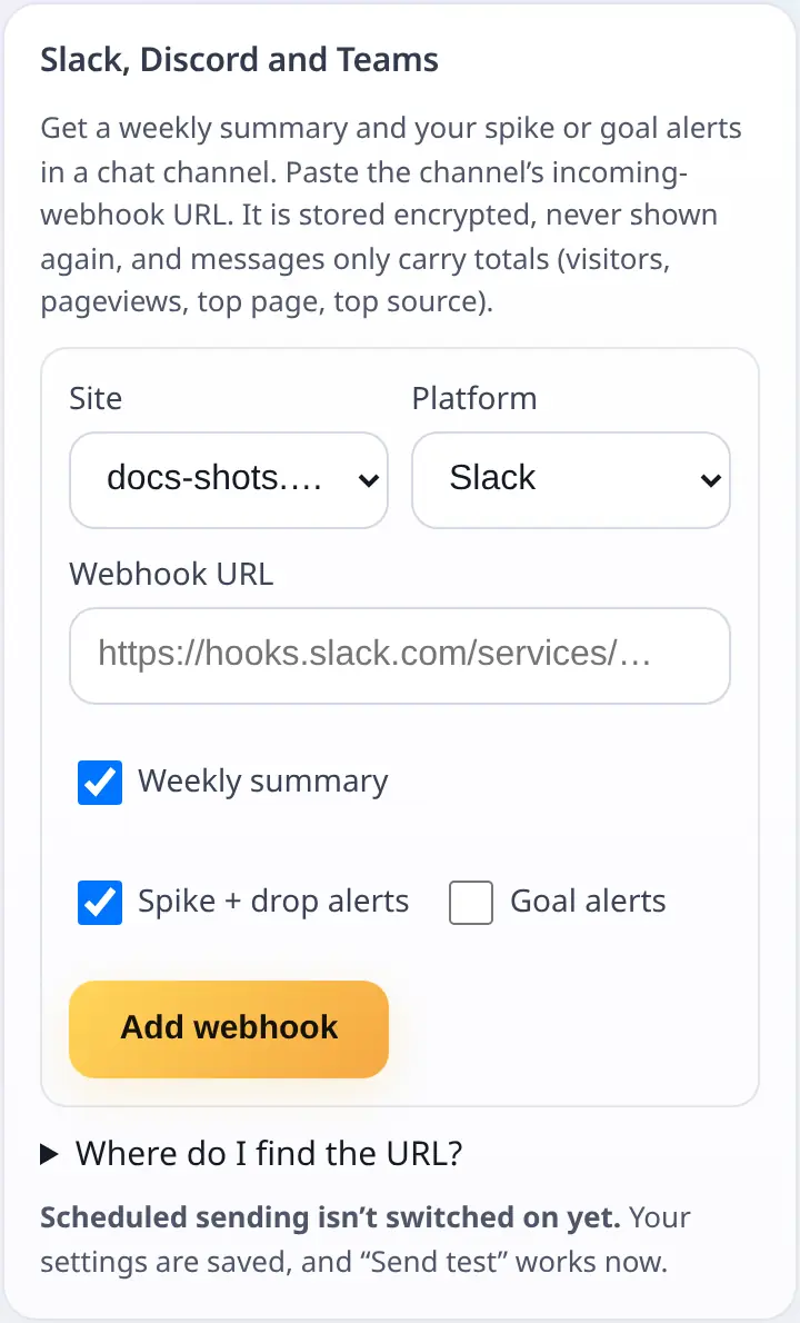 Slack, Discord and Teams webhook settings