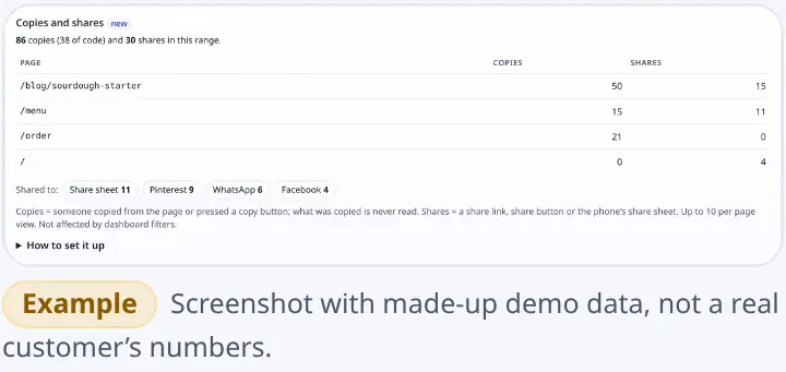 Copies and shares card: copies and shares per page and the networks people shared to