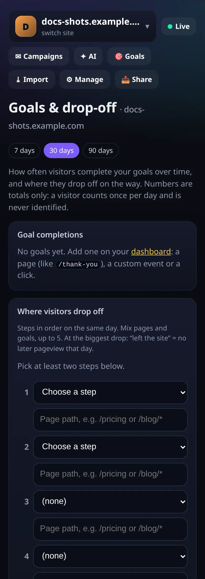 Goals report: completion trends and where visitors drop off