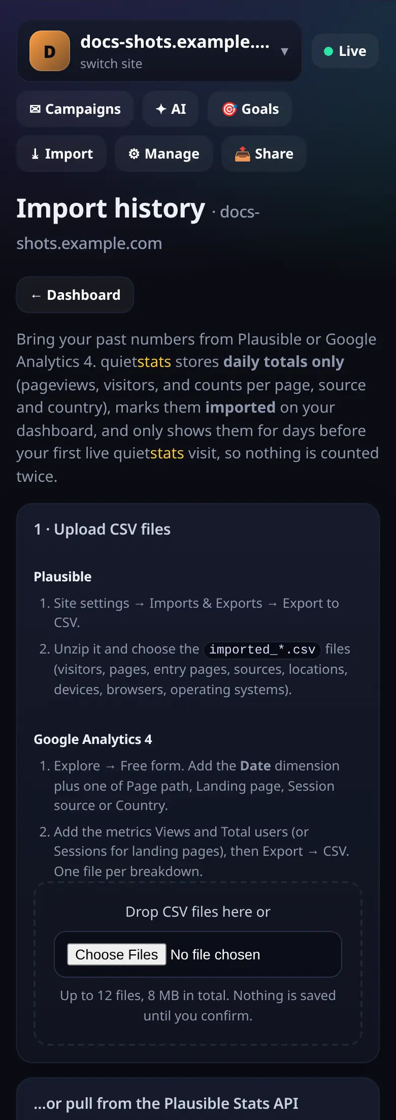 Import history from Plausible or GA4