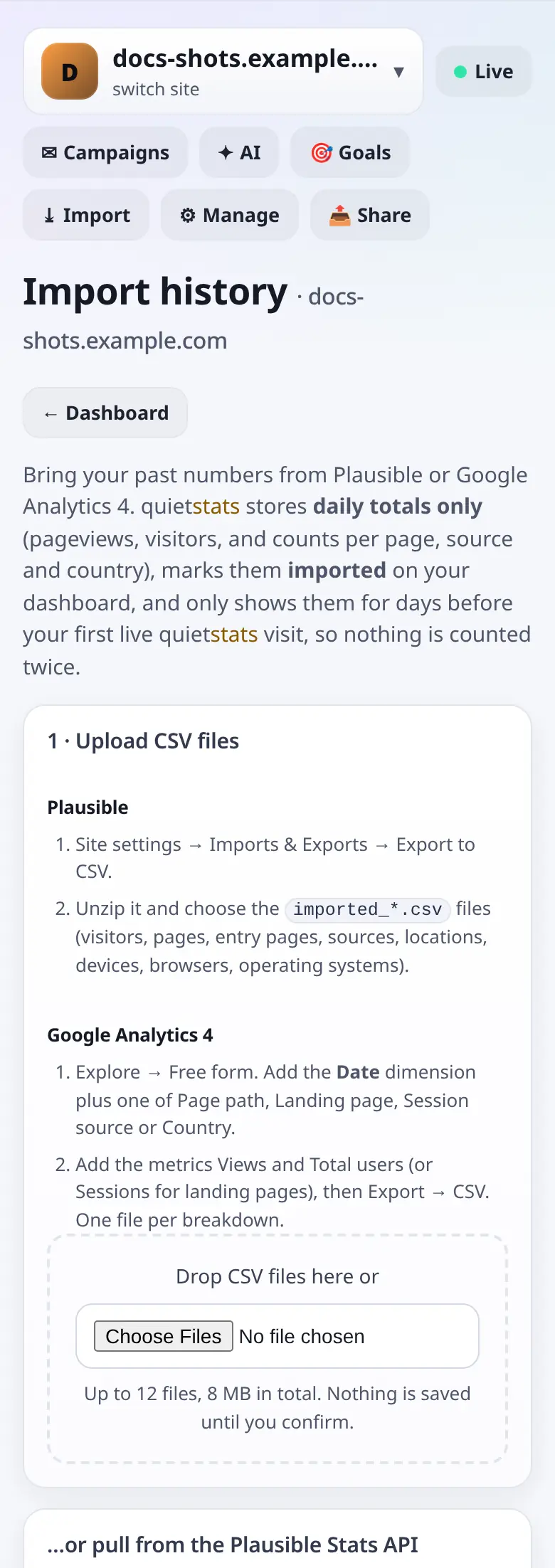 Import history from Plausible or GA4