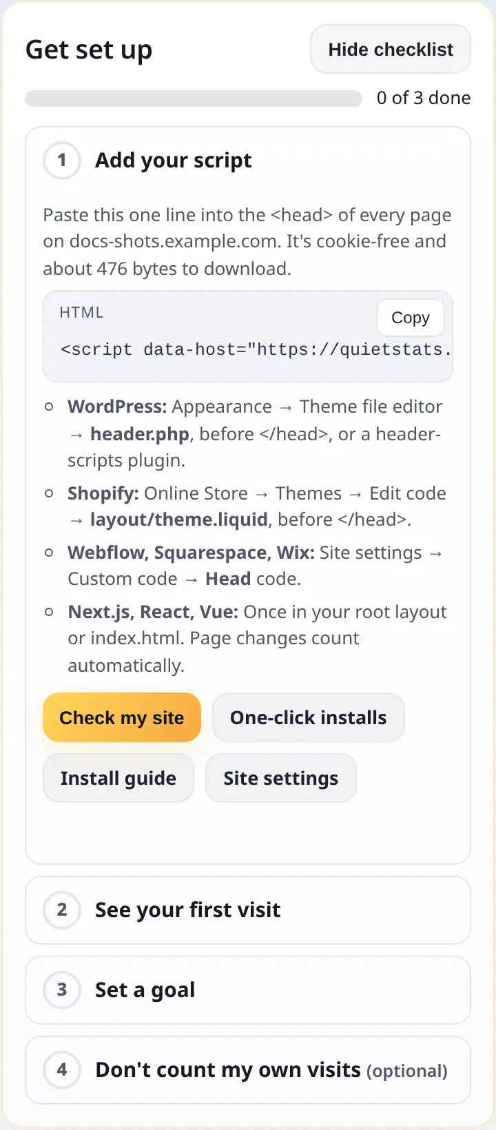 Get set up checklist on a new account’s dashboard