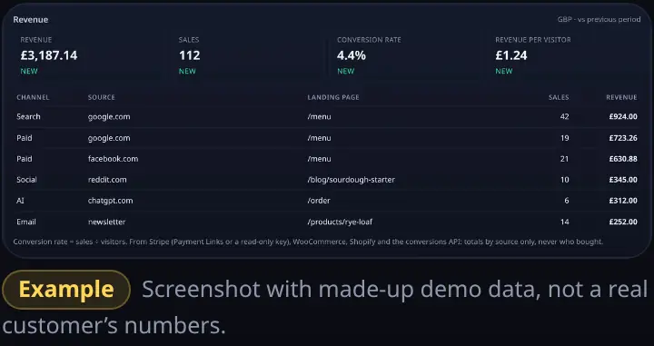 Revenue card with WooCommerce and Shopify orders by source: Reddit, Google, a newsletter and ChatGPT, with sales and revenue for each