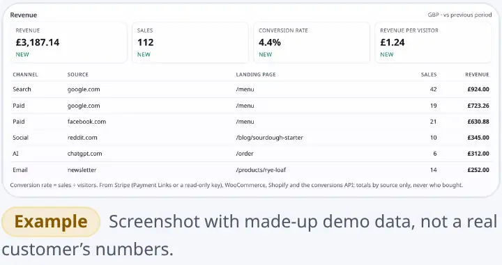 Revenue card with WooCommerce and Shopify orders by source: Reddit, Google, a newsletter and ChatGPT, with sales and revenue for each