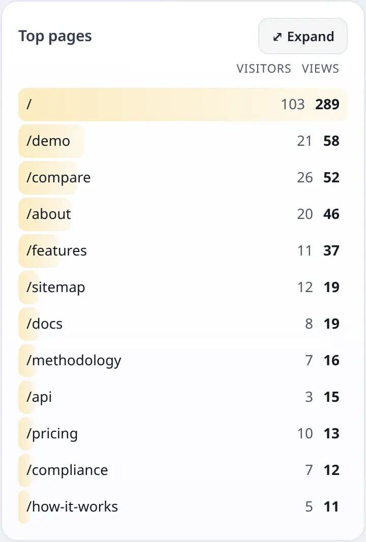 Top pages card listing pages by visitors and views