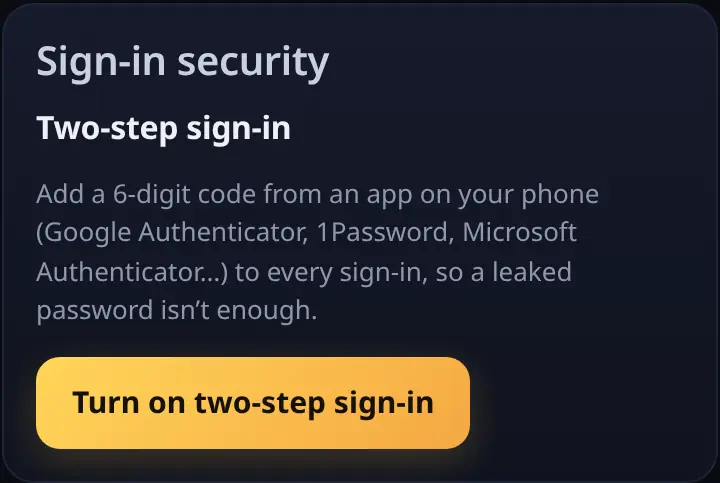 Sign-in security section in Settings
