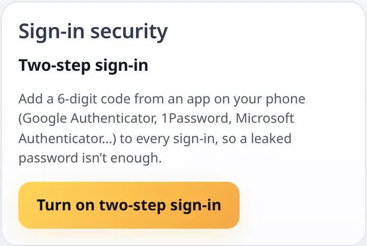 Sign-in security section in Settings
