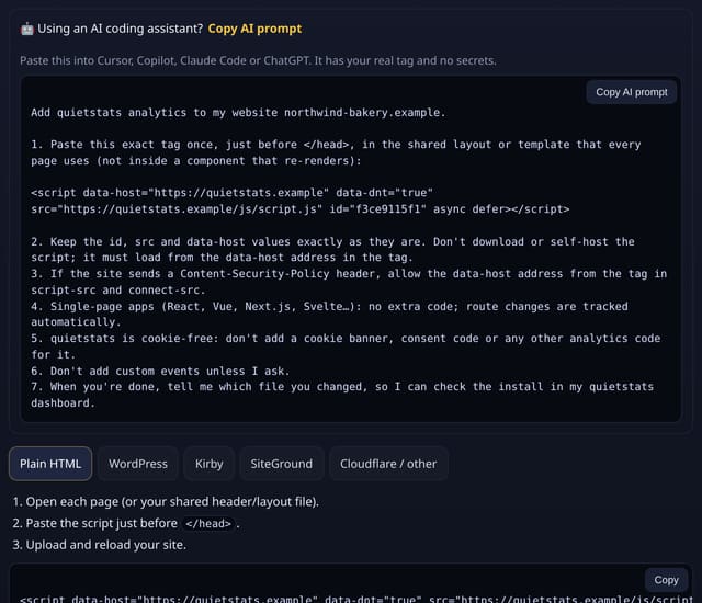 Copy AI prompt to install: example screenshot with made-up demo data