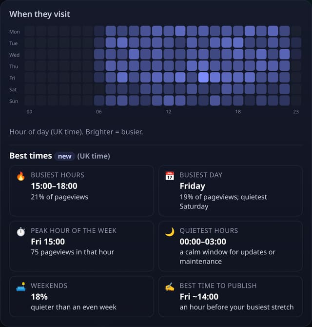 Best times: busiest hours and when to publish: example screenshot with made-up demo data