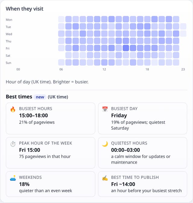 Best times: busiest hours and when to publish: example screenshot with made-up demo data
