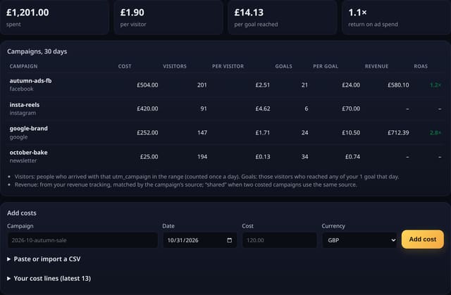 Campaign cost and return on ad spend: was that ad worth it?: example screenshot with made-up demo data