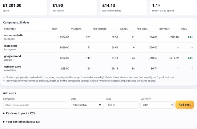 Campaign cost and return on ad spend: was that ad worth it?: example screenshot with made-up demo data