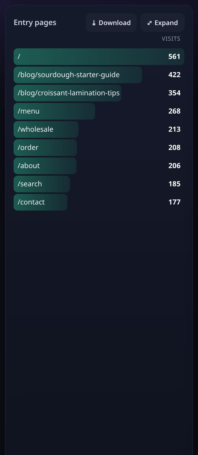 Entry and exit pages: example screenshot with made-up demo data