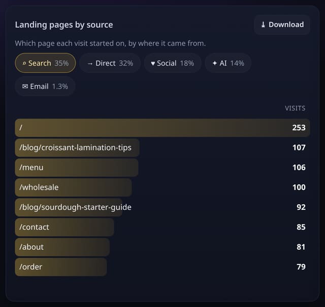 Top landing pages by source: example screenshot with made-up demo data