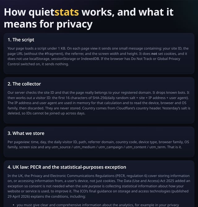 Zero cookies, privacy built in: example screenshot with made-up demo data