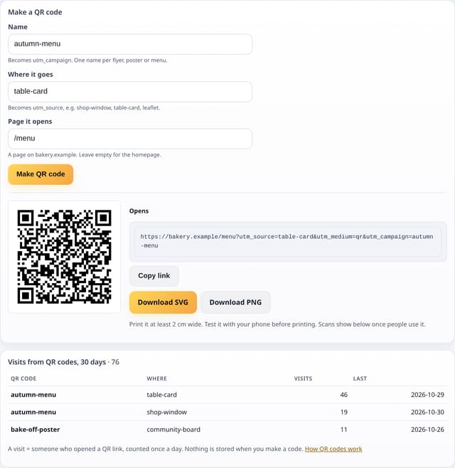 QR codes for posters and print: see what each one brings: example screenshot with made-up demo data