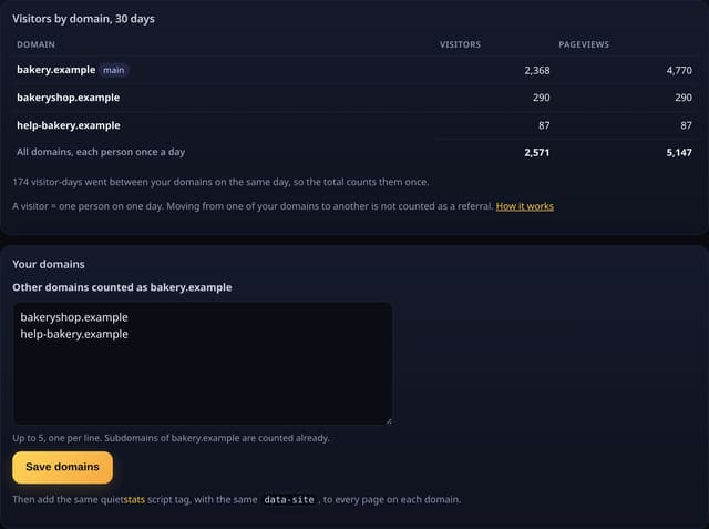 Several domains as one site: example screenshot with made-up demo data