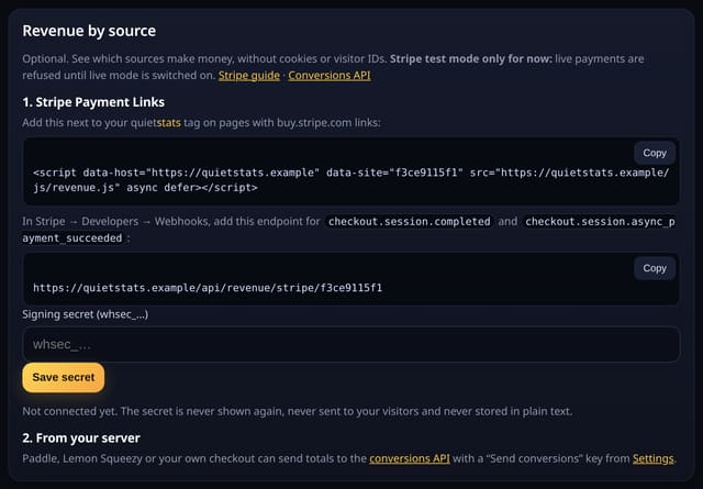 Revenue from Stripe Payment Links: example screenshot with made-up demo data
