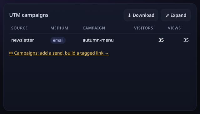 UTM campaigns: example screenshot with made-up demo data